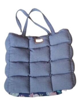 Quilted Puffer Tote Bag w Floral Quilted Interior Denim Blue Cottagecore Neutral